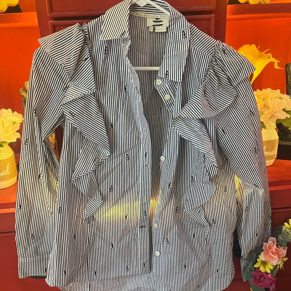kate spade Black and White Striped Ruffle Button-Up Top